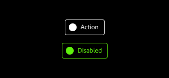 Key example of action button in Windows “high contrast black” theme with label “action” and disabled button with label “disabled”.