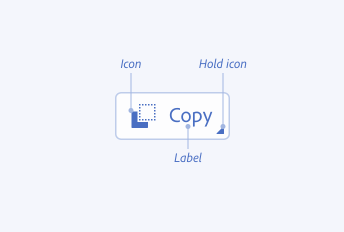 Image illustrating through labels the component parts of an action button, including its icon, label, and hold icon.