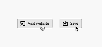 Key examples of the cursor direction behavior for action buttons. First example, action button with an icon Open In and label Visit website. Pointer cursor appears. Second example, action button with an icon Save To and label Save. Arrow cursor appears.