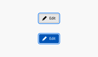 Key example showing 2 action buttons with and without emphasis in keyboard focus state, with an icon and the label Edit.