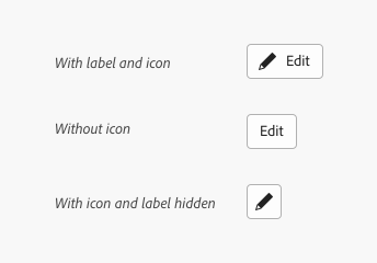 Key example of an action button with a pencil icon and label Edit, one with label Edit and no pencil icon, and one with a pencil icon without a label.