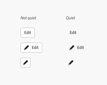 Key examples of action buttons in the default style with a visible border and background, and examples of action buttons in quiet style without a visible background, one with the label Edit, one with both icon and the label Edit, and one with an icon only.