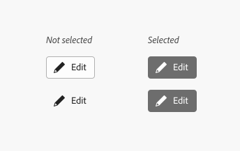Key example showing an action button with an icon and label Edit in its default and selected state side-by-side, for both default and quiet styles.