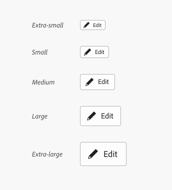 Key example of five action buttons with icon and label Edit showing the size options available including extra-small, small, medium, large, and extra-large.