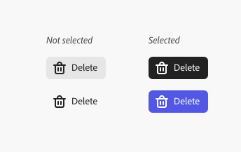 Key example showing selected action buttons with and without emphasis in the Spectrum for Adobe Express theme, all with a trash can icon and the label Delete.