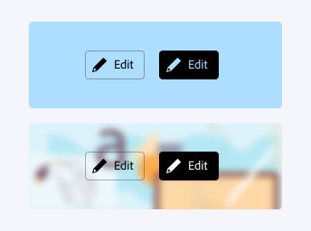 Key examples of two action buttons show in selected and non-selected states, correctly using the static black option. First example, static black action buttons for the action “Edit,” including a “pencil” icon, on a solid light blue background. Second example, static black action buttons for the action “Edit,” including a “pencil” icon, on a light-themed image. Both examples show how the static black action buttons has high contrast on light backgrounds.
