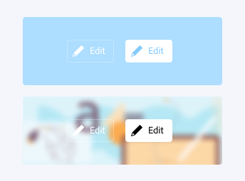 Key examples of two action buttons show in selected and non-selected states, incorrectly using the static white option. First example, static white action buttons for the action “Edit,” including a “pencil” icon, on a solid light blue background. Second example, static white action buttons for the action “Edit,” including a “pencil” icon, on a light-themed image. Both examples show how the static white action buttons has low contrast on light backgrounds.