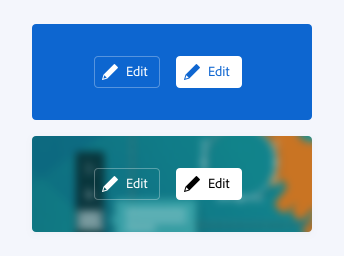 Key examples of two action buttons show in selected and non-selected states, correctly using the static white option. First example, static white action buttons for the action “Edit,” including a “pencil” icon, on a solid dark blue background. Second example, static white action buttons for the action “Edit,” including a “pencil” icon, on a dark-themed image. The example on the solid blue background shows the selected action button with a white background and matching blue text. The example on the dark-themed image shows the selected action button with a white background and solid black text.