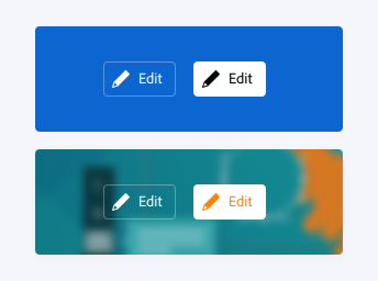 Key examples of two action buttons show in selected and non-selected states, incorrectly using the static white option. First example, static white action buttons for the action “Edit,” including a “pencil” icon, on a solid dark blue background. Second example, static white action buttons for the action “Edit,” including a “pencil” icon, on a dark-themed image. The example on the solid blue background incorrectly has the selected action button with a white background and solid black text. The example on the dark-themed image incorrectly has the selected action button with a white background and orange text.