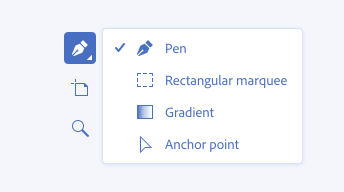 Key example showing an incorrect use of the hold icon to group similar actions. A selected action button within a vertical action button group with an icon for pen tool. Next to it, a popover menu opened for additional options like rectangular marquee, gradient, and anchor point tools which are very different from the pen tool.