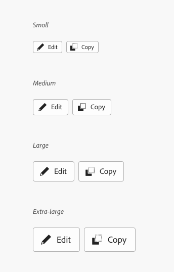Key example of four action groups showing the size options available including small, medium, large, and extra-large. All sizes show an action group with 2 action buttons. First button with pencil icon, label Edit. Second button with duplicate icon, label Copy.
