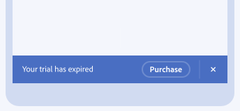 Key example of alert banner with incorrect placement at the bottom of a page. Text, Your trial has expired. Button, label Purchase. Icon-only close button at the end.