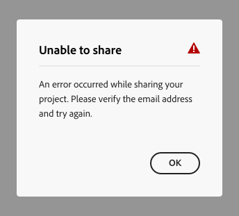 Key example of an error alert dialog. Dialog title, Unable to share ...