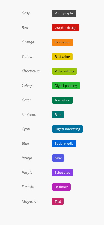 Key examples of 14 badges using non-semantic colors to help categorize. Gray badge, label photography. Red badge, label Graphic design. Orange badge, label Illustration. Yellow badge, label Best value. Chartreuse badge, label Video editing. Celery badge, label Digital painting. Green badge, label Animation. Seafoam badge, label Beta. Cyan badge, label Digital marketing. Blue badge, Social media. Indigo badge, label New. Purple badge, label Scheduled. Fuchsia badge, label Beginner. Magenta badge, label Trial.