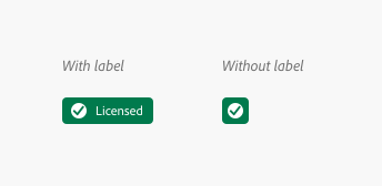 Key example of two badges with and without labels. One with a check icon and "licensed" as its label, and one with only an icon.