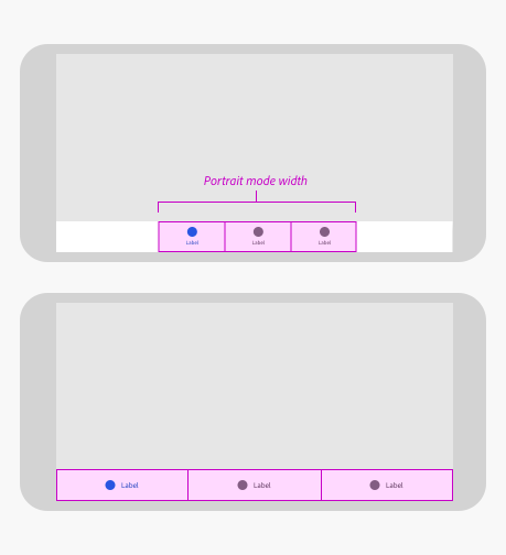 Key examples of bottom navigation distribution options. Example of centered items with width equal to portrait mode. Example of horizontally distributed items filling entire device viewport width.