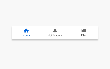 Key example of bottom navigation with 3 items, labels Home, Notifications, and Files.