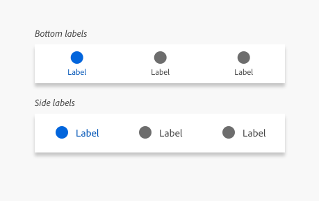 Key example of bottom navigation label position options. Two options, bottom labels and side labels, 3 items in each option with generic "label" as the label text for all items.