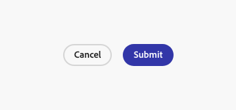 Key example of horizontal button group in Spectrum for Adobe Express theme: accent fill button on the right, label Submit, secondary outline button on the left, label Cancel.