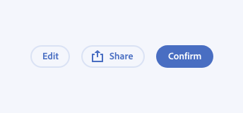 Key example showing incorrect usage of icons within a button group. Main action as accent fill button without icon, label Confirm. Secondary outline button with icon, label Share. Secondary outline button without icon, label Edit.