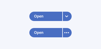 Key example of an incorrect way to show additional actions. Two split buttons, both labeled Open, one with an icon-only expand affordance and the other with a More actions affordance.