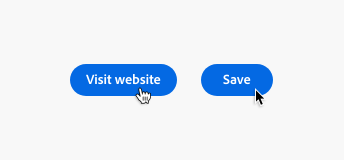 Key examples of the cursor direction behavior for buttons. First example, accent button, label Visit website. Pointer cursor appears. Second example, accent button, label Save. Arrow cursor appears.