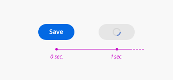 Key example showing the correct amount of time that should be waited before showing the pending state. Two buttons above a magenta line that represents time passing. The first button, a filled accent button with label “Save” is shown above the line’s beginning, represented by a dot with label “0 seconds”. To the right of the first button is a pending button placed above another dot with label “1 second” representing correctly that after 1 second the accent button has entered a pending state.