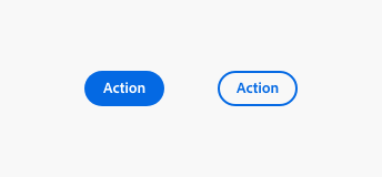 Key example of accent button in fill style, label Action, has a solid blue-500 background and bold static-white label. Accent button in outline style, label Action, has 2px border in blue-500 and bold blue-500 label.