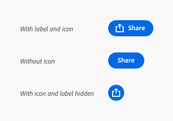 Key example of a button with a share icon and label Share, one with label Share and no icon, and one with a share icon without a label.
