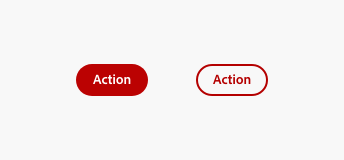 Key example of negative button in fill style, label Action, has a solid red-600 background and bold static-white label. Negative button in outline style, label Action, has 2px border in red-600 and bold gray-600 label.