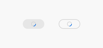 Key examples of buttons in the pending state, one in a fill style with a solid gray-200 background and one in an outline style with a 2px gray-300 border. Both show a progress circle with an indeterminate loading state.
