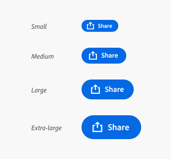 Key example of four buttons with icon and label Share showing the size options available including small, medium, large, and extra-large. 