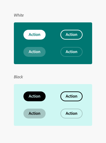 Key example of static color white and black buttons, labeled Action. Showing all variants, accent, primary, secondary, and negative.