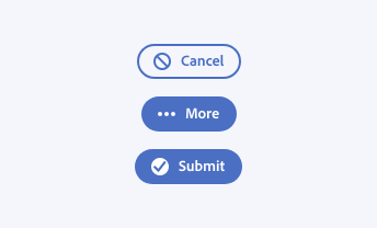 Key example showing incorrect usage of icon in button, where icons don't add clarity. Primary button with icon, label Cancel. Call-to-action button with icon, label More. Call-to-action button with icon, label Submit.