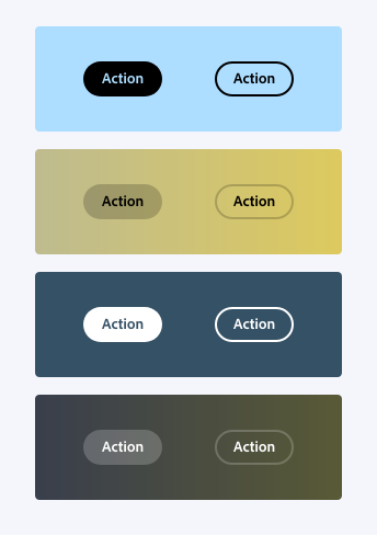 Four key examples of two buttons shown in fill and outline styles, correctly using the static black and white options, all labeled Action. First example, static black accent buttons on a solid light blue background. Second example, static black secondary buttons on a light yellow gradient background. Third example, static white accent buttons on solid dark blue background. Forth example, static white secondary buttons on dark gradient background.