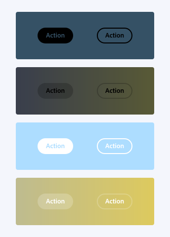 Four key examples of two buttons shown in fill and outline styles, incorrectly using the static black and white options, all labeled Action. First example, static black accent buttons on a solid dark blue background. Second example, static black secondary buttons on a dark gradient background. Third example, static white accent buttons on solid light blue background. Forth example, static white secondary buttons on light gradient background. All show insufficient contrast between the buttons and the background.