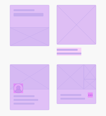 Key example of four different kinds of cards, with different layouts that are clickable.