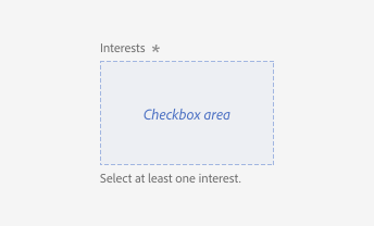 Key example showing the composition of a checkbox group. The checkbox area is located between the field label and the help text.