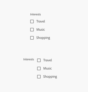 2 key examples of checkbox groups showing label position options. First example, top label position. Label, Interests. 3 checkboxes, labels Travel, Music, Shopping. Second example, side label position, with the label to the left. Label, Interests. 3 checkboxes, labels Travel, Music, Shopping.