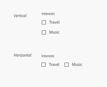 Key example of 2 checkbox groups showing vertical and horizontal orientation. First example, vertical orientation. 2 checkboxes stacked vertically. Field label, Interests. 2 checkboxes, labels Travel, Music. Second example, horizontal orientation. 2 checkboxes placed horizontally. Field label, Interests. 2 checkboxes, labels Travel, Music.