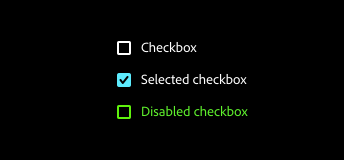 Key example of checkbox in Windows “high contrast black” theme with label “Checkbox”, selected checkbox with label “Selected checkbox, and disabled checkbox with label “Disabled checkbox”.