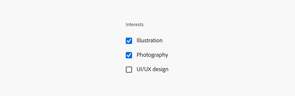 Group of three checkboxes for interests. Two selected, labels Illustration and Photography. One not selected, label UI/UX design.