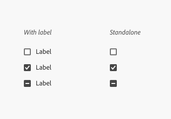 Key example of checkboxes, one group with labels, and one group standalone.