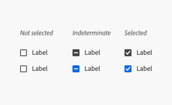 Key example showing 2 selected, 2 indeterminate, and 2 not selected checkboxes, each with a generic label.