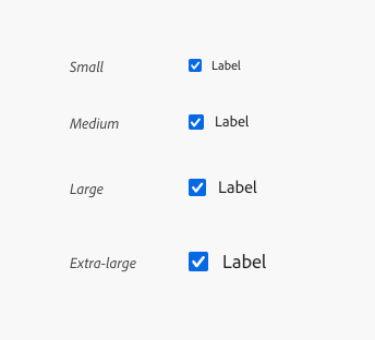 Examples of the four sizes of checkboxes, small, medium, large, extra-large, shown ascending from smallest to largest. All examples show a selected checkbox with generic label text, reading Label.