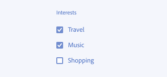 Key example showing the correct use of checkboxes for selecting many options. The checkboxes "Travel" and "Music" are checked in a checkbox group for interests. The last checkbox label "Shopping" is unchecked. 