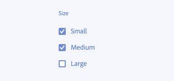 Key example showing the incorrect usage of checkboxes for selecting a single option.
Instead of radio buttons three checkboxes in a checkbox group select the size. The checkboxes small and medium are checked.