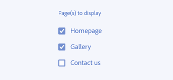 Key example showing the correct use of label groups of related checkboxes. The label group "Page(s to display" group the three checkboxes Homepage, Gallery and Contact. The first two checkboxes are checked.  