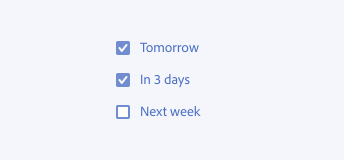 Key example showing the incorrect use of label groups. The group label for the three checkboxes "Tomorrow", "In 3 days"  and "Next week" is missing. 