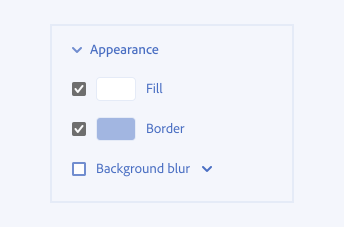 Key example showing the correct usage of standalone checkboxes. The checkbox labeled "Background blur" follows to gray checkboxes for fill and border. 